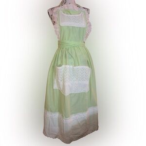 Retro Style Spring Green Upcycled Apron, White Polka Dots & Eyelet Lace Accents